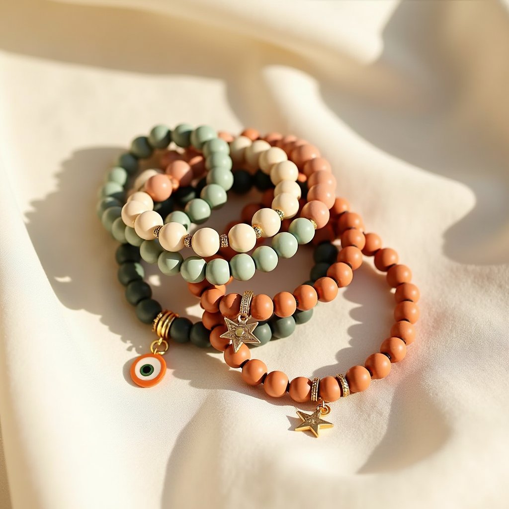 A cluster of handmade beaded bracelets on cream linen