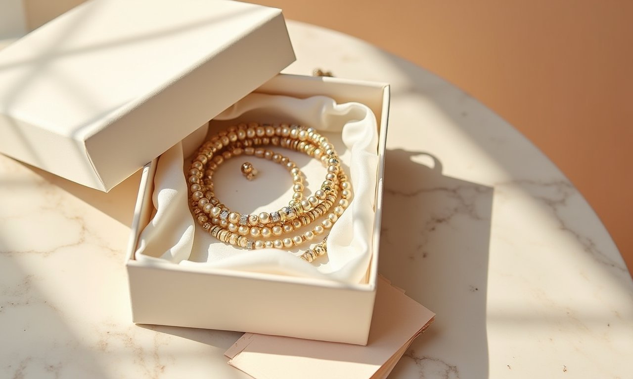An opened paper jewelry box with five bracelets and a card inside
